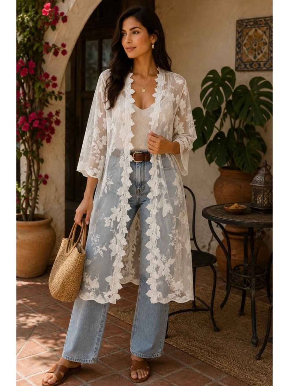 White Embroidered Floral Mesh Kimono Duster Romantic Boho Fairycore Belted Style